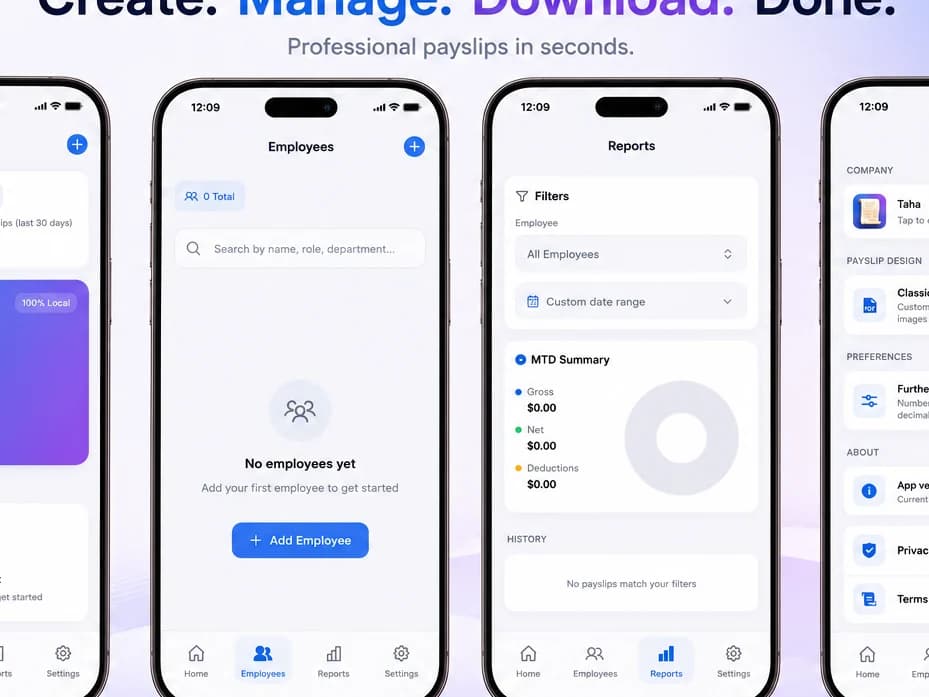 Pay Stub Generator app screens for payslips and reports